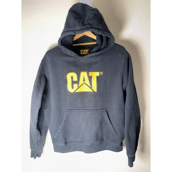 CAT Caterpillar Hoodie Men's Medium Black Yellow Logo Pullover Workwear - Picture 1 of 8